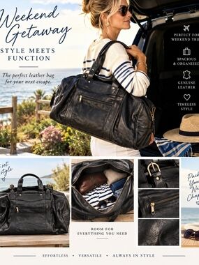 Boulder Ridge Weekend Getaway Black Leather Duffel Bag